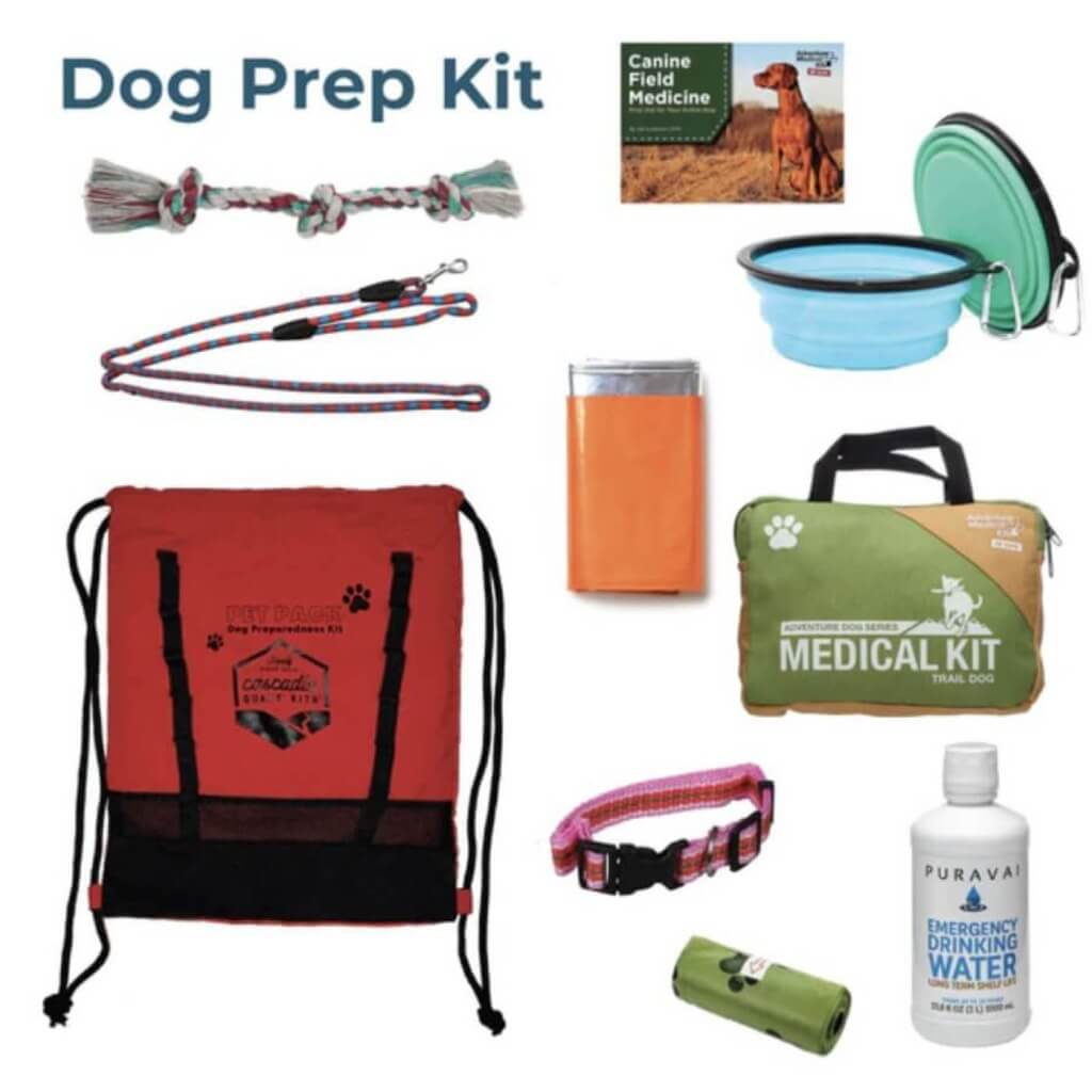 Dog Preparedness Kit with toy, leash, food bowl and collar